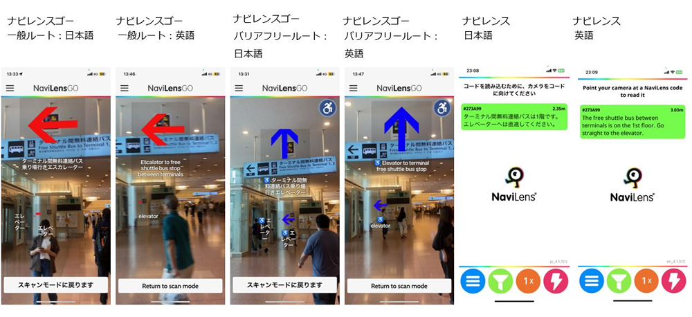 アプリスクリーンショット6枚。左から順にナビレンスゴーアプリの一般ルート日本語表示画面、英語表示画面、バリアフリールート日本語表示画面、英語表示画面、ナビレンスアプリの日本語表示画面、英語表示画面となっています。
